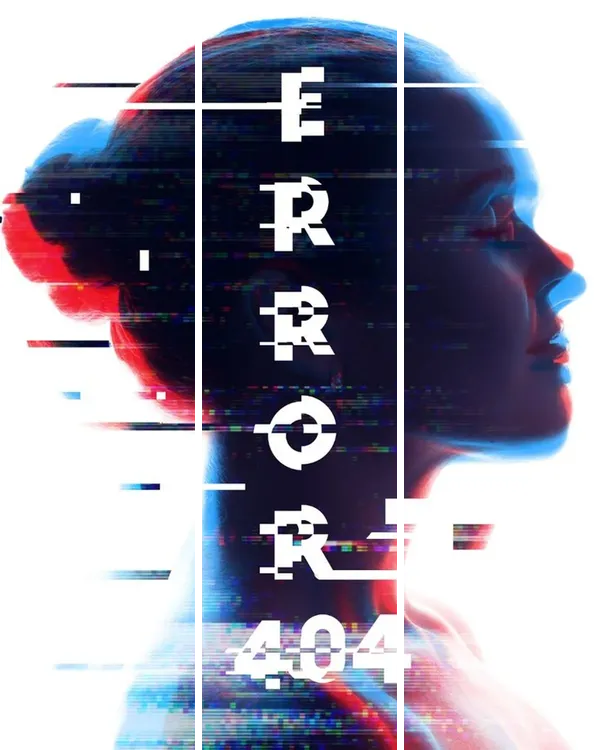 A profile portrait glitching apart into the words ERROR 404, representing a real business that exists but cannot be found online