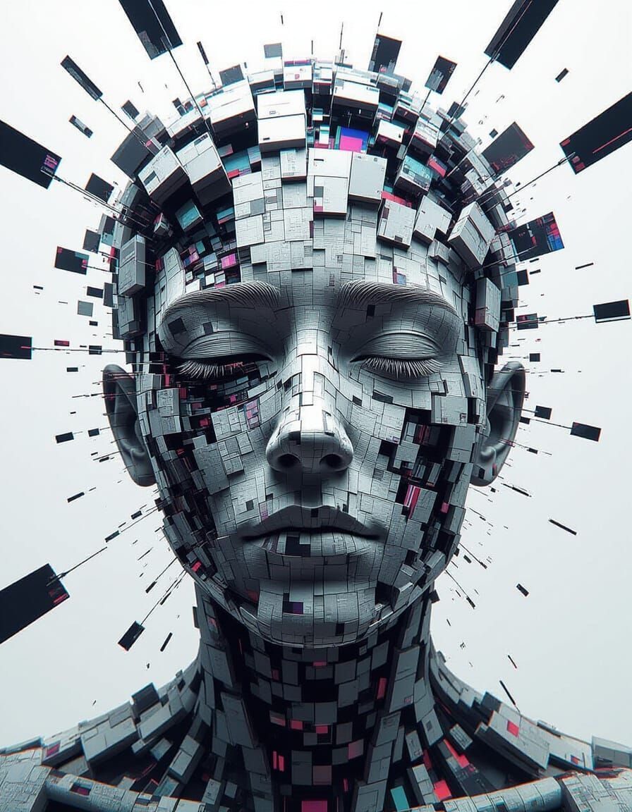 A human head dissolving into floating fragments, representing the mind expanding beyond limits through AI